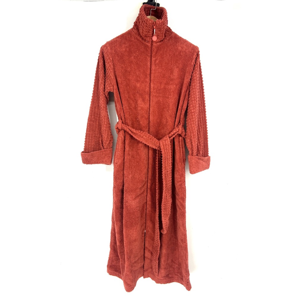 House of Chenille Terry Robe Full Zip Belted Shawl Coral Red Loungewear S NEW